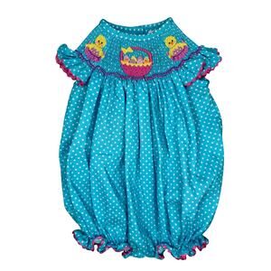 Stellybelly Baby Girl Smocked Easter Bubble Romper 3M aqua Blue Polka Dot Chicks